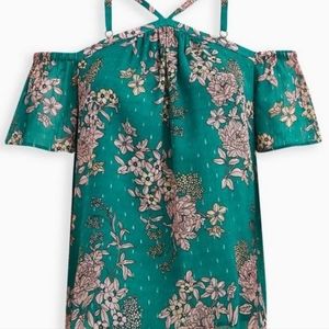 NWT Torrid Cold Shoulder Crinkle Chiffon Floral Halter Top Green Size 00